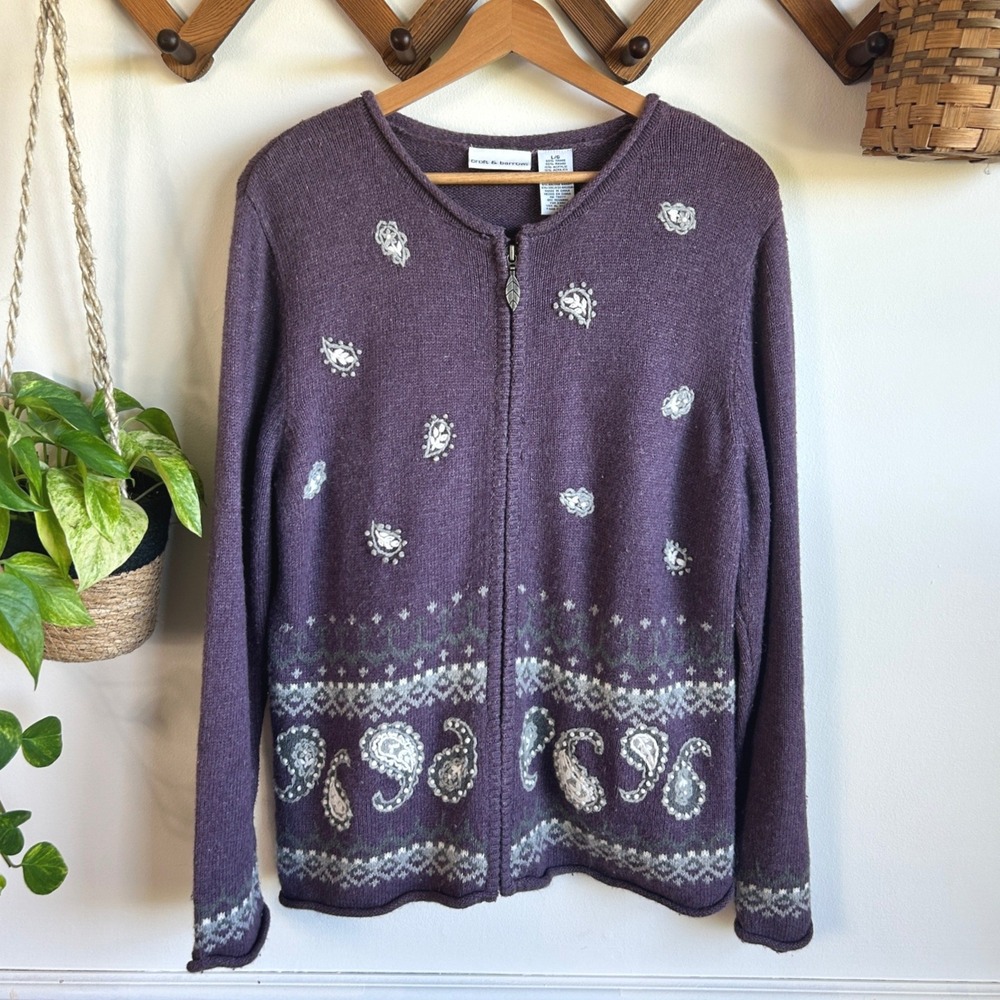 Vintage Croft & Barrow Purple Paisley Embroidered Cardigan Angora Cottagecore